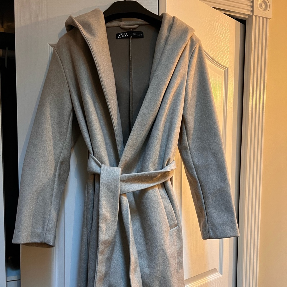 Zara beige wrap coat with a hood